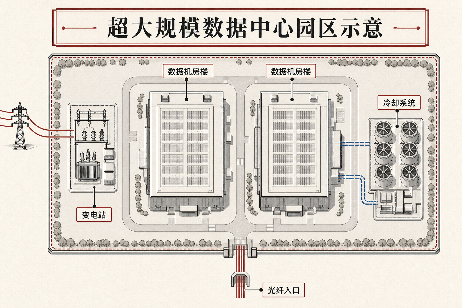 超大规模数据中心园区俯视图示意:数据机房楼、变电站、冷却系统与光纤入口