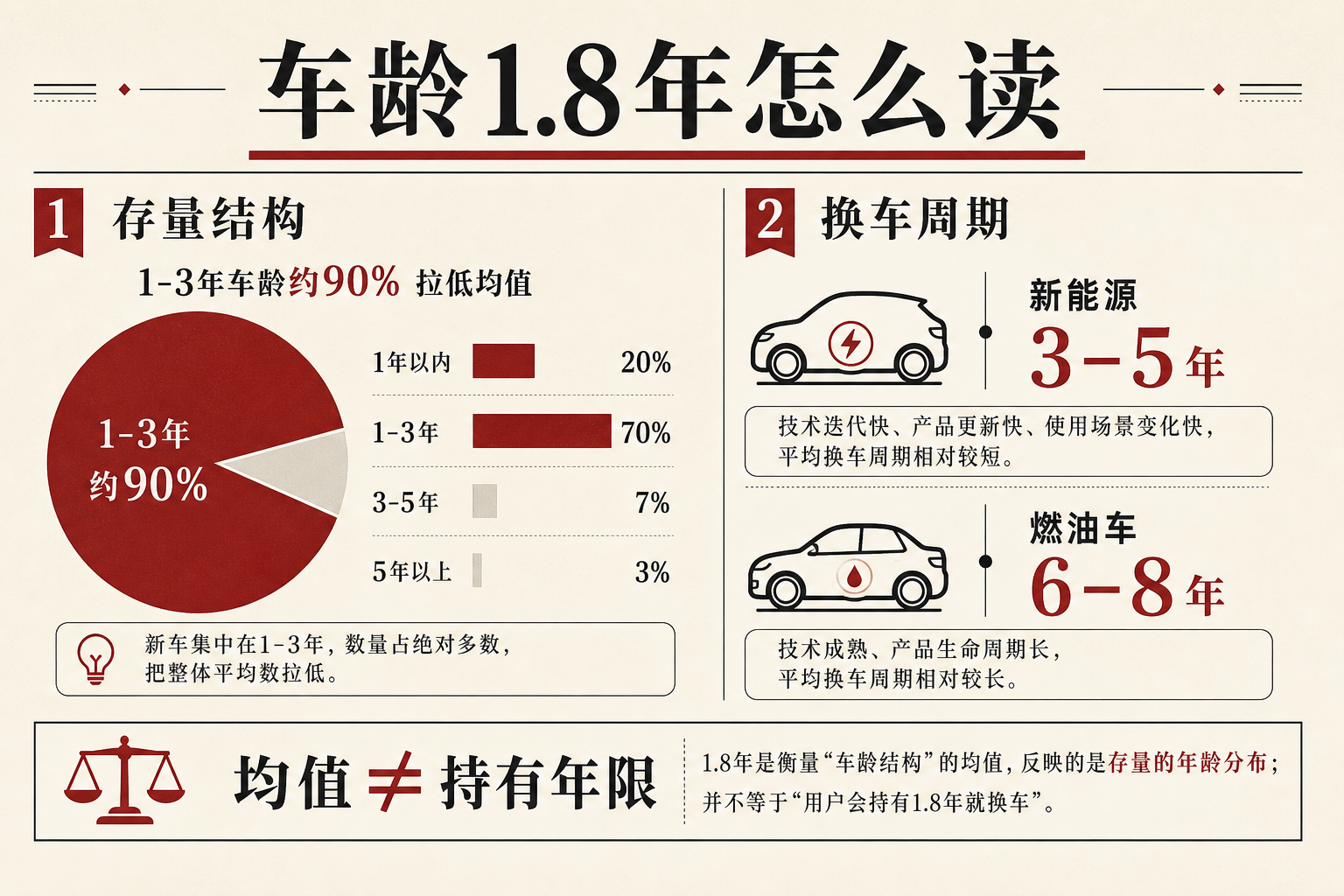 新能源平均车龄结构示意：一到三年存量占比约九成拉低均值，换车周期新能源约三到五年、燃油约六到八年